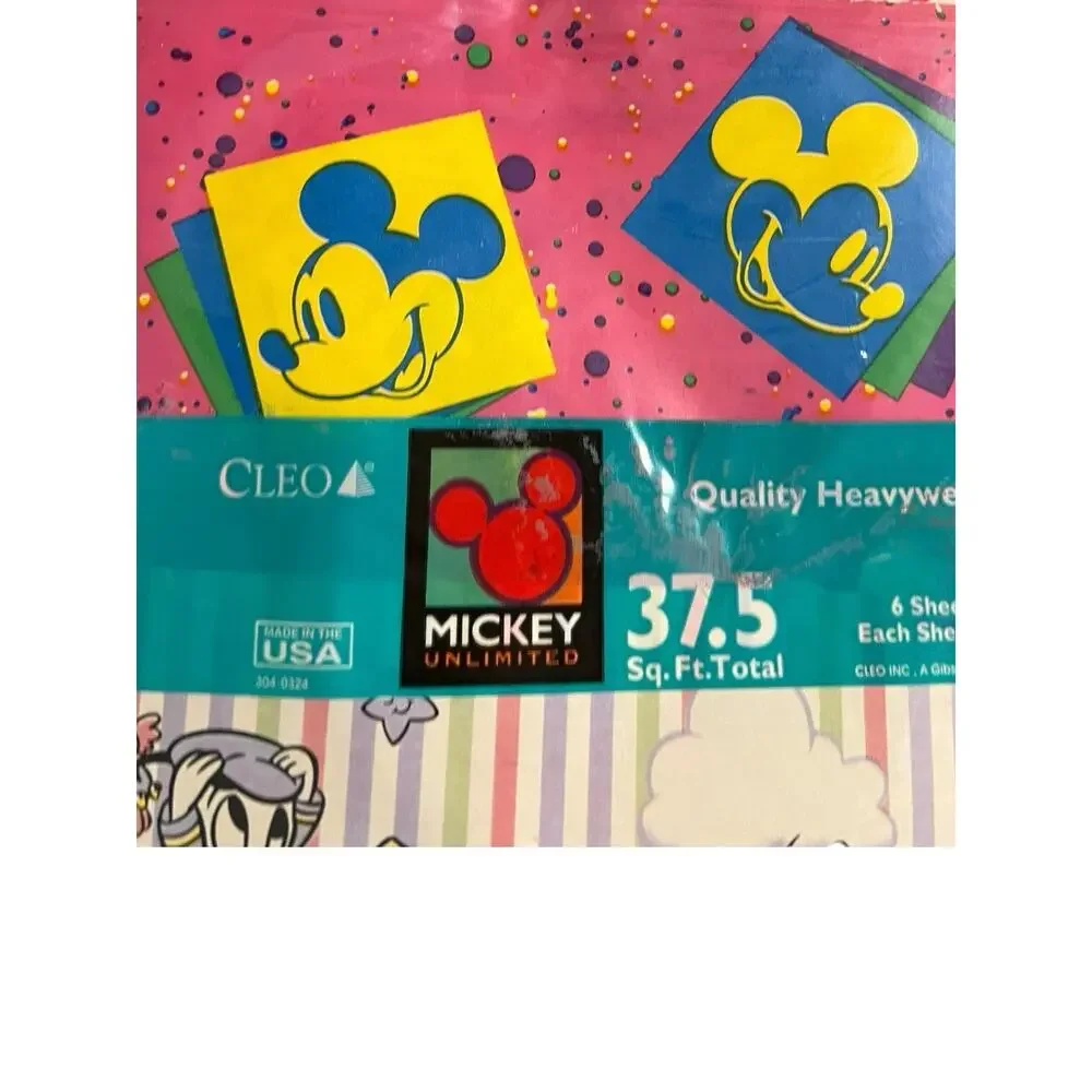 CLEO 80s Disney Mickey Mouse Minnie Goofy Wrapping Paper Flat 6 Sheets 37.5 Sq F